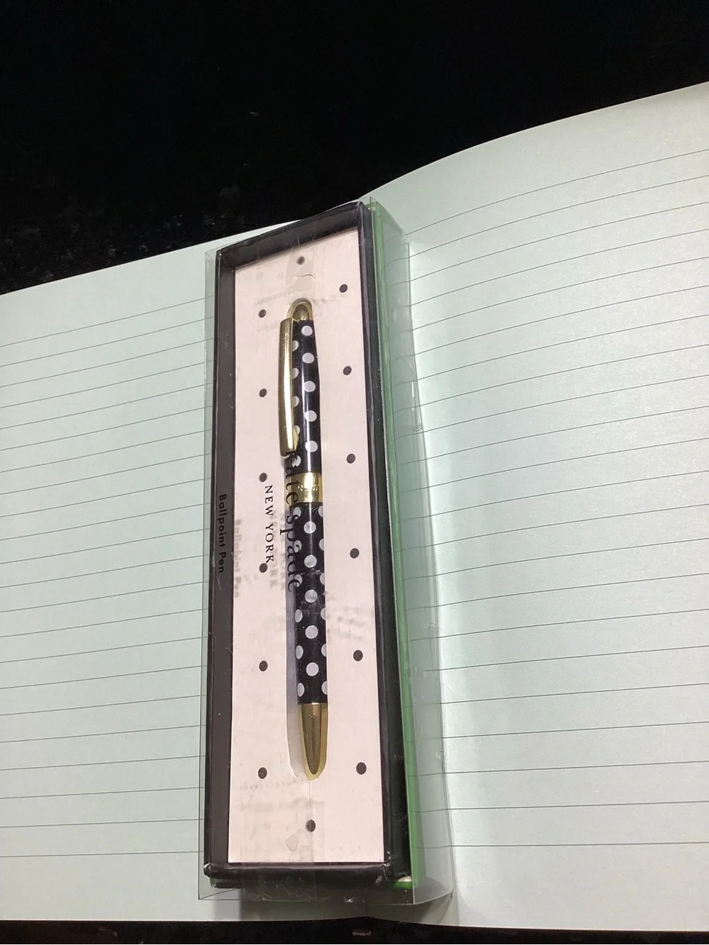 kate spade black and gold polka dot ballpoint pen with Sparkly Notebook